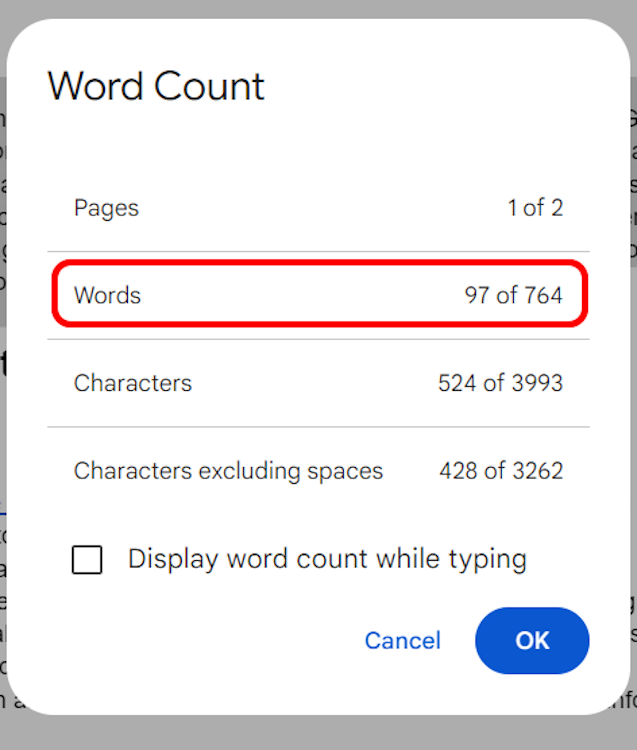 Displaying word count for portion of text on Google Docs