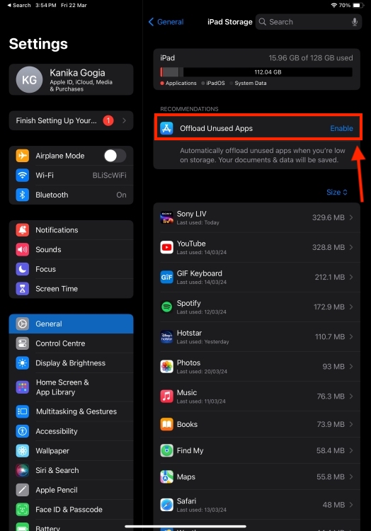 Enable Offload Unused App on iPad