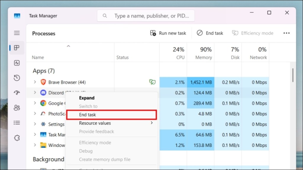 End task to close Discord in Windows Task Manager