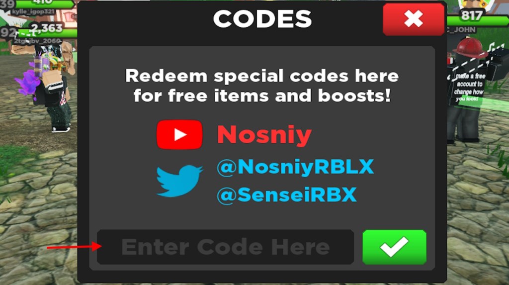 Enter Code Here and Redeem option in Treasure Quest Roblox