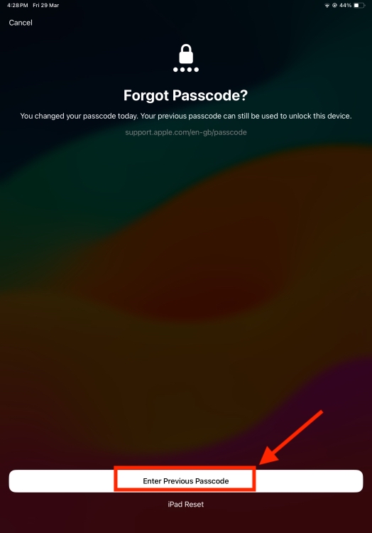 Enter Previous Passcode Option to Rest iPad