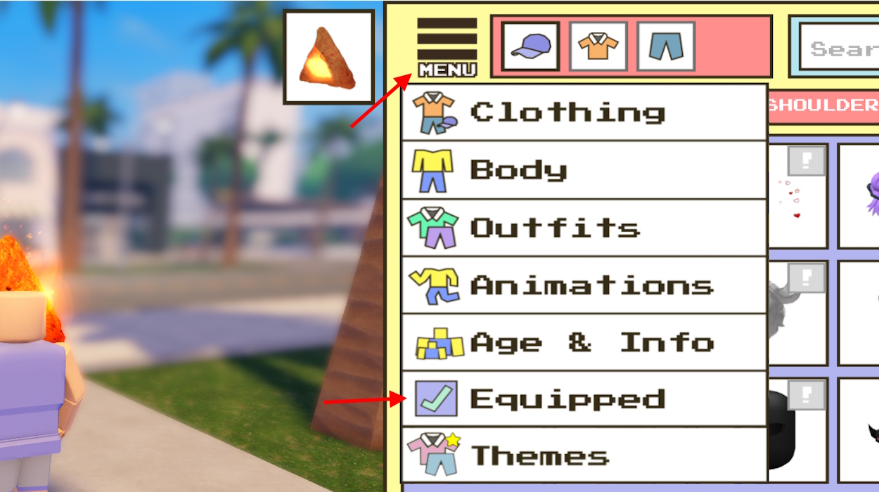 Equipped clothes in Menu option