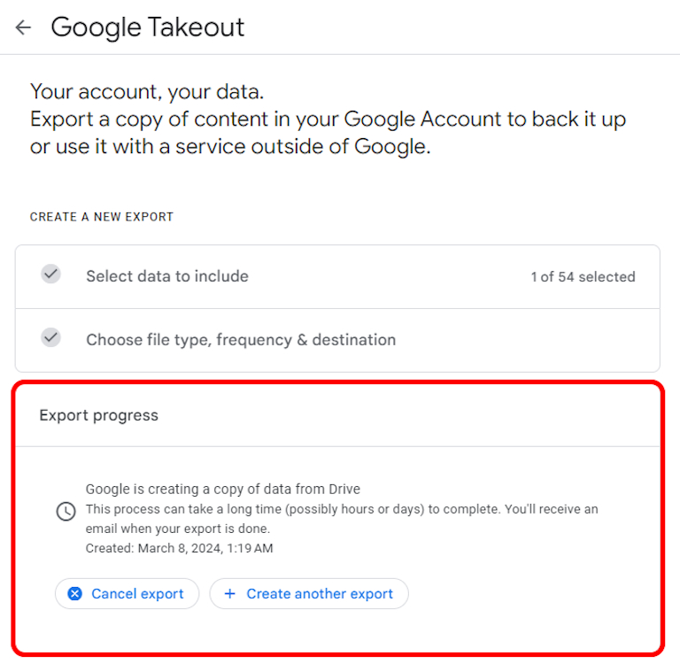 Export progress panel Google Takeout