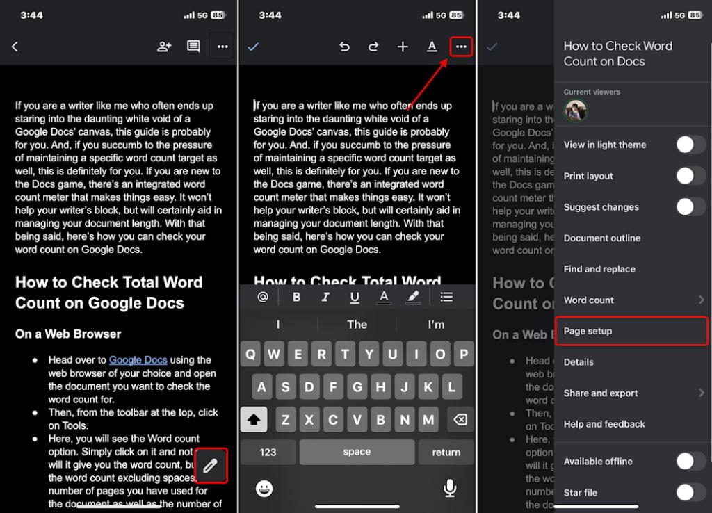 Finding page setup panel on Google Docs iOS app