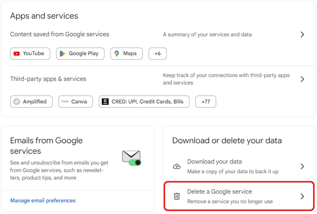 Finding the Delete a Google Service option via the web