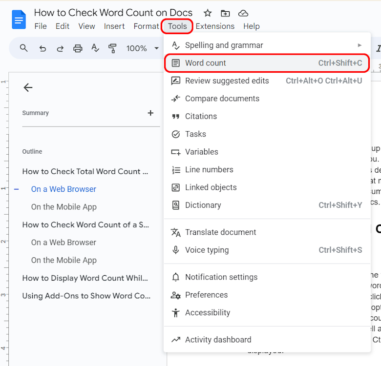 Finding the word count panel on Google Docs via web browser