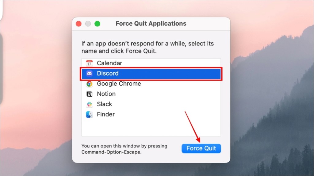Force quit Discord on macOS to close it