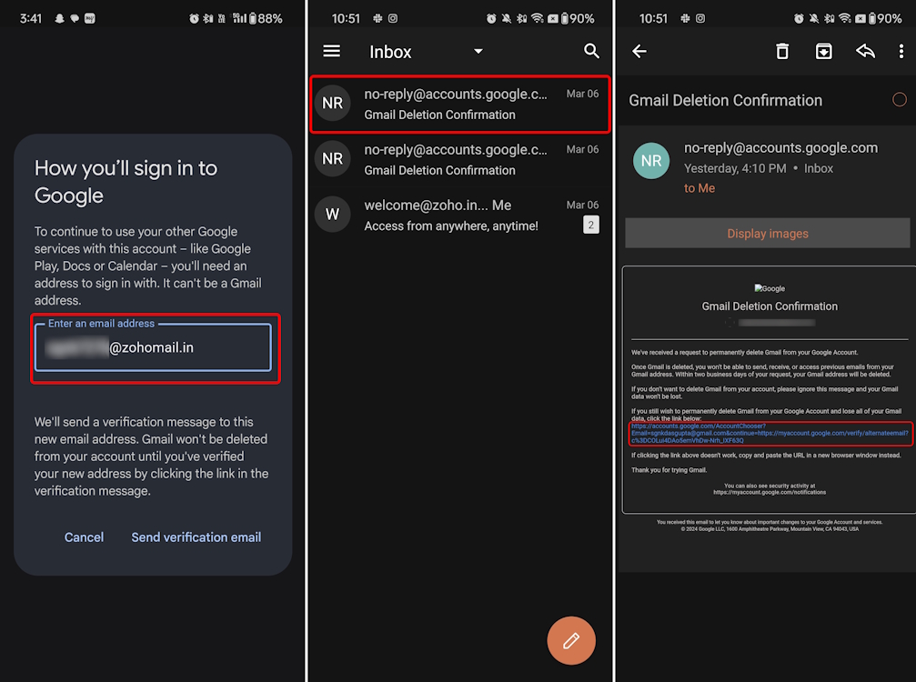 Getting verification mail on Zoho Mail for Gmail Service deletion