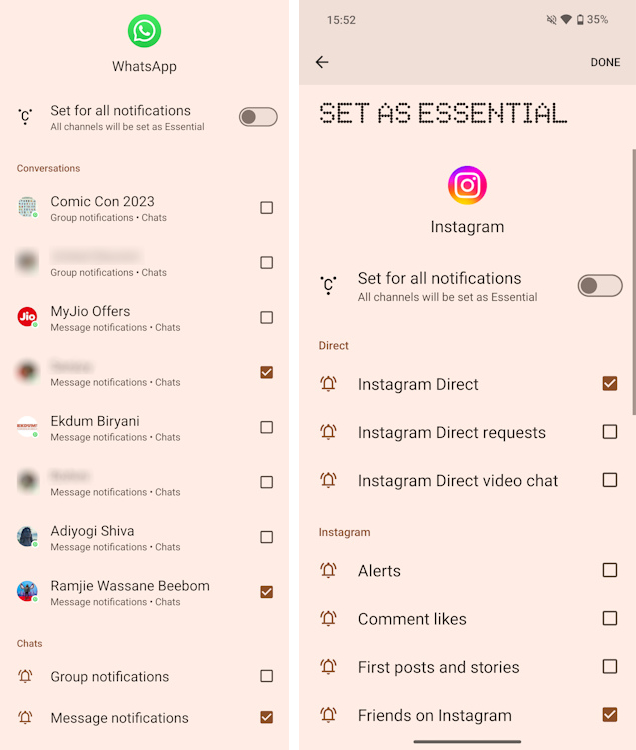 Glyph Interface Essential Notifications WhatsApp and Instagram Settings