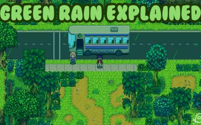 Player standing next to a bus during green rain event in Stardew Valley 1.6