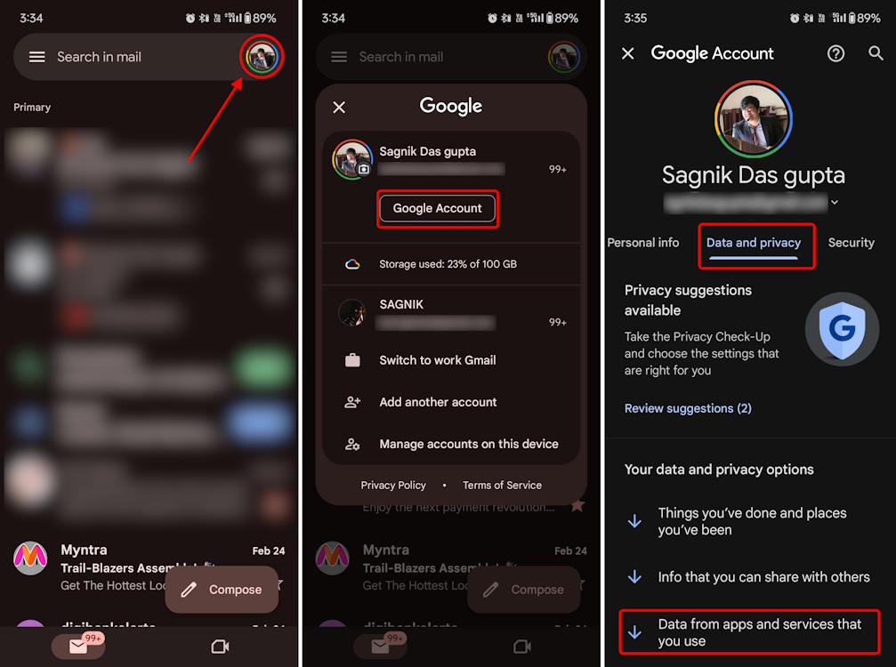Heading into Google Account settings through Android Gmail app