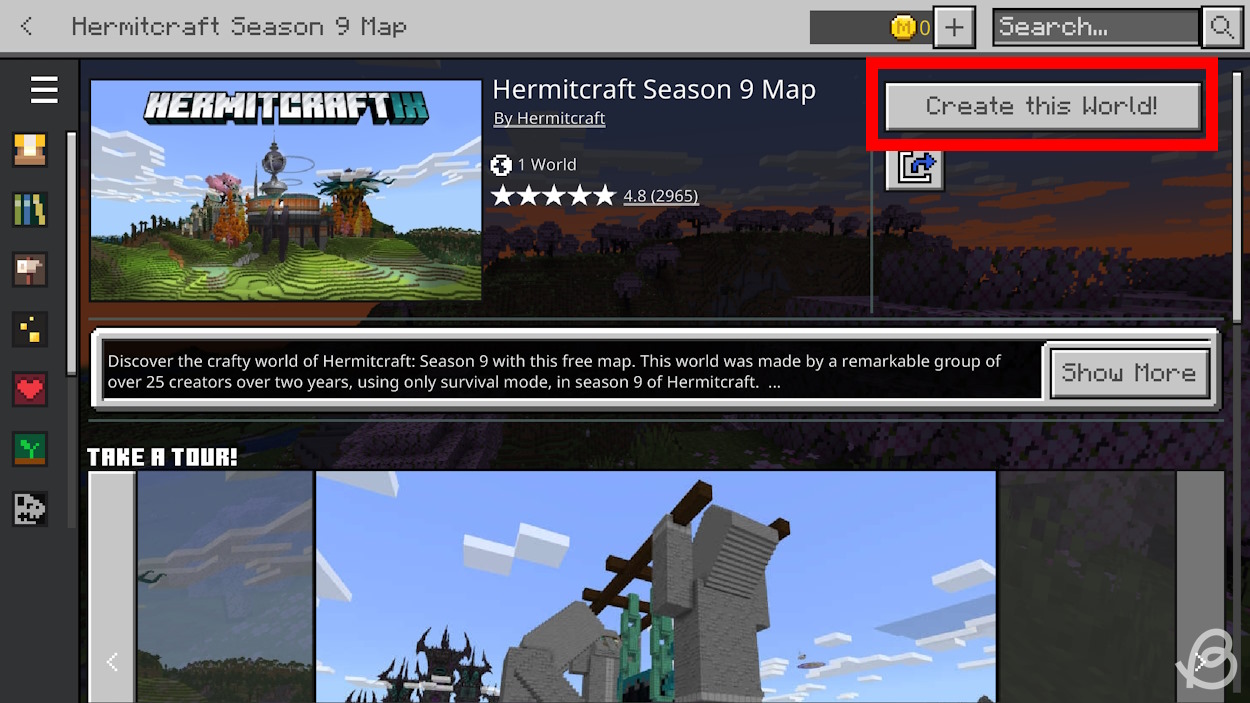 Click on Create This World to play in the Hermitcraft season 9 world download