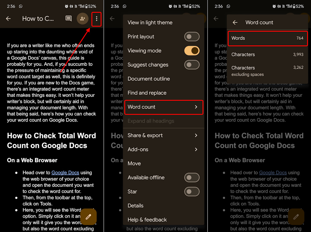How to see total word count on Google Docs mobile app