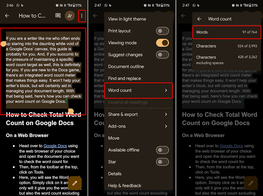 How to see word count for a portion of text on Google Docs mobile app
