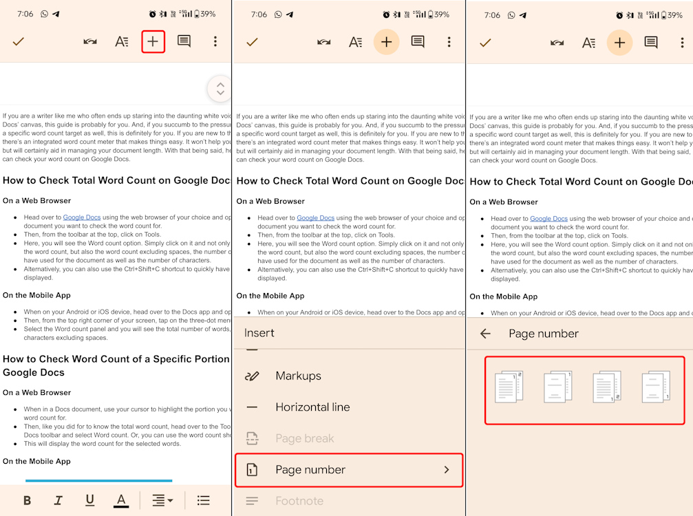 How to set page numbers on Google Docs mobile app