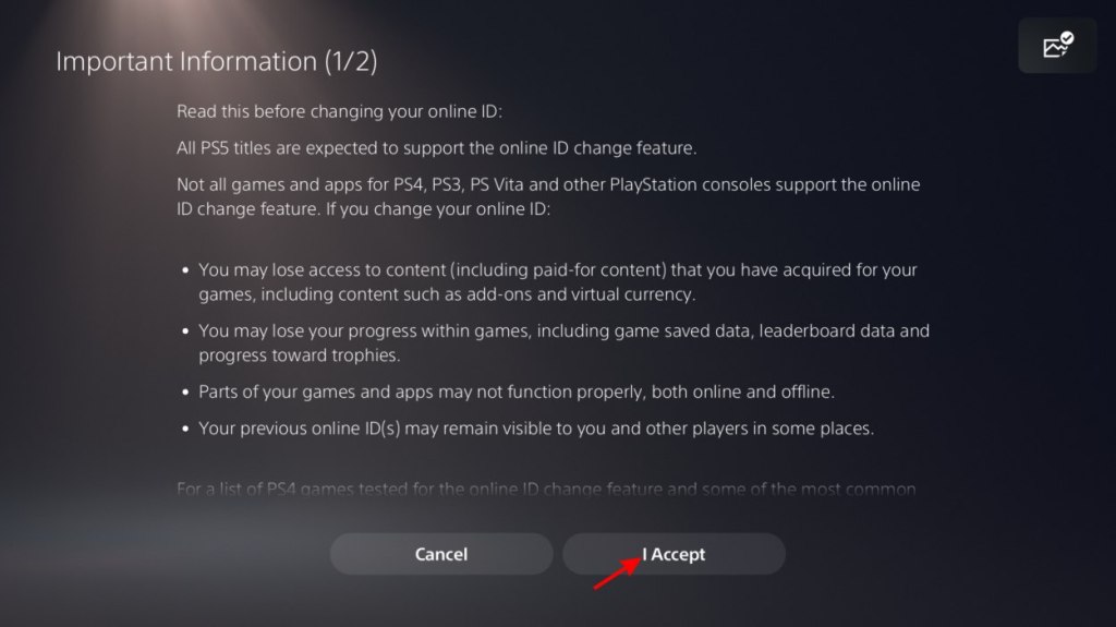 I accept button PS5
