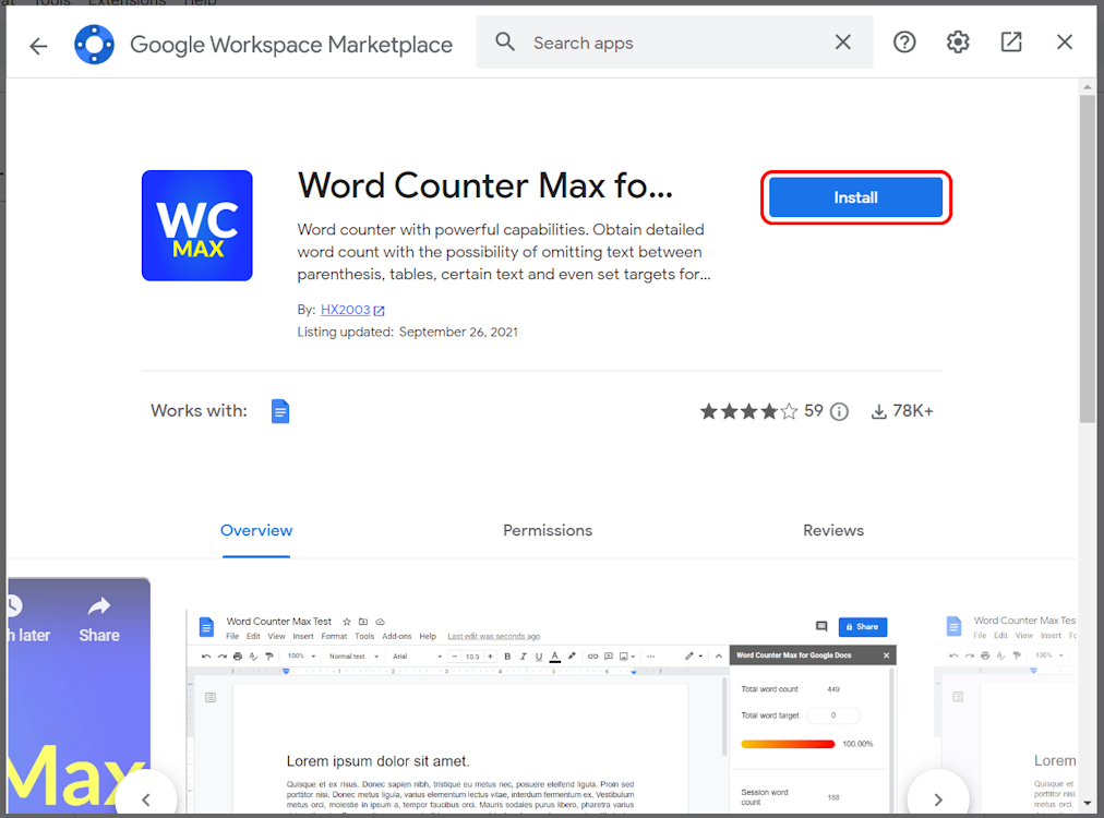 Installing Word Counter Max for Google Docs