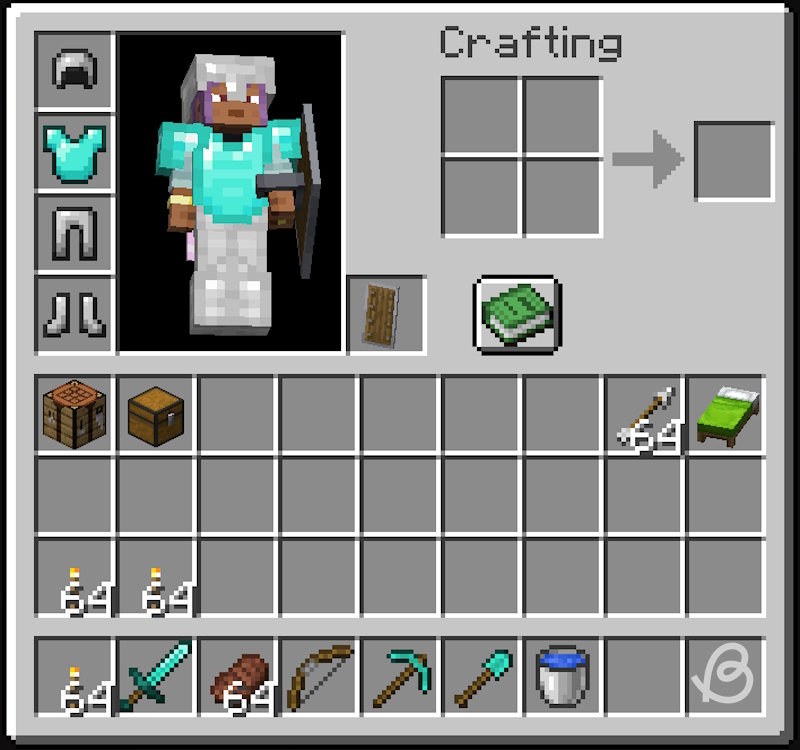 Player's inventory full of useful items for finding iron in Minecraft