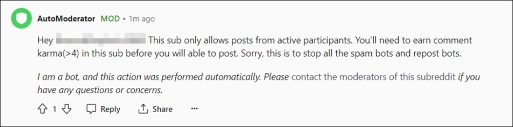 Karma requirement warning on Reddit