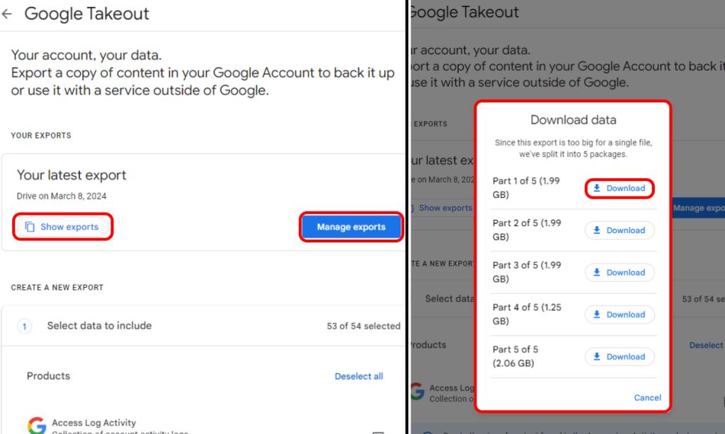 Nieuwste exports op Google Takeout