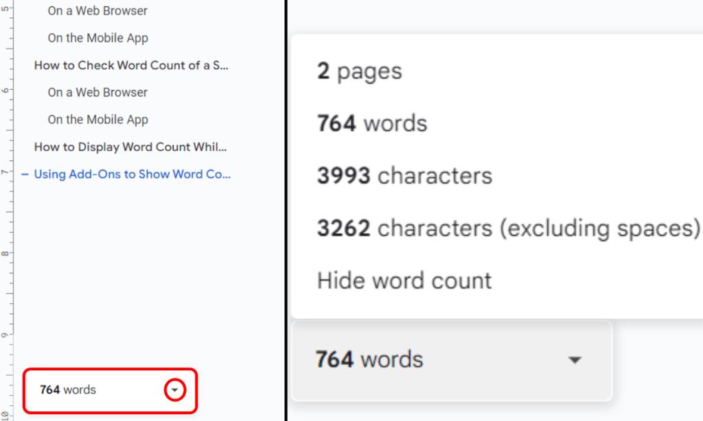 Live word count panel on Google Docs