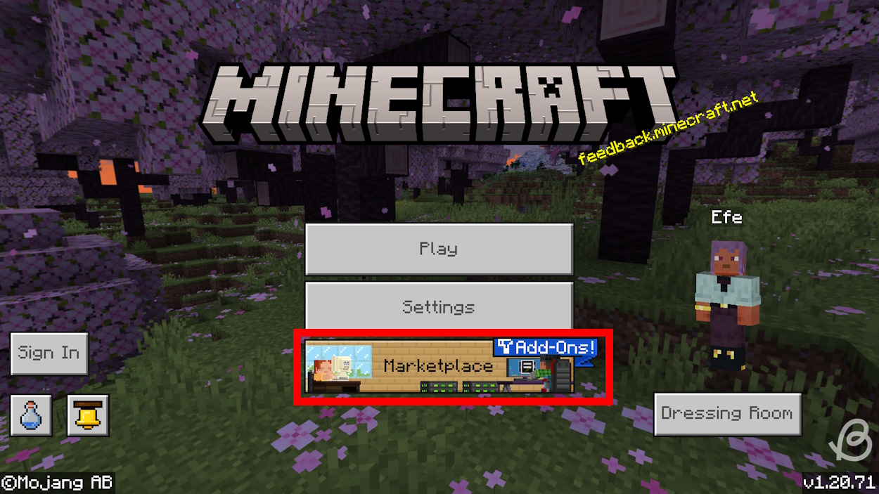 Main menu of the Minecraft Bedrock edition