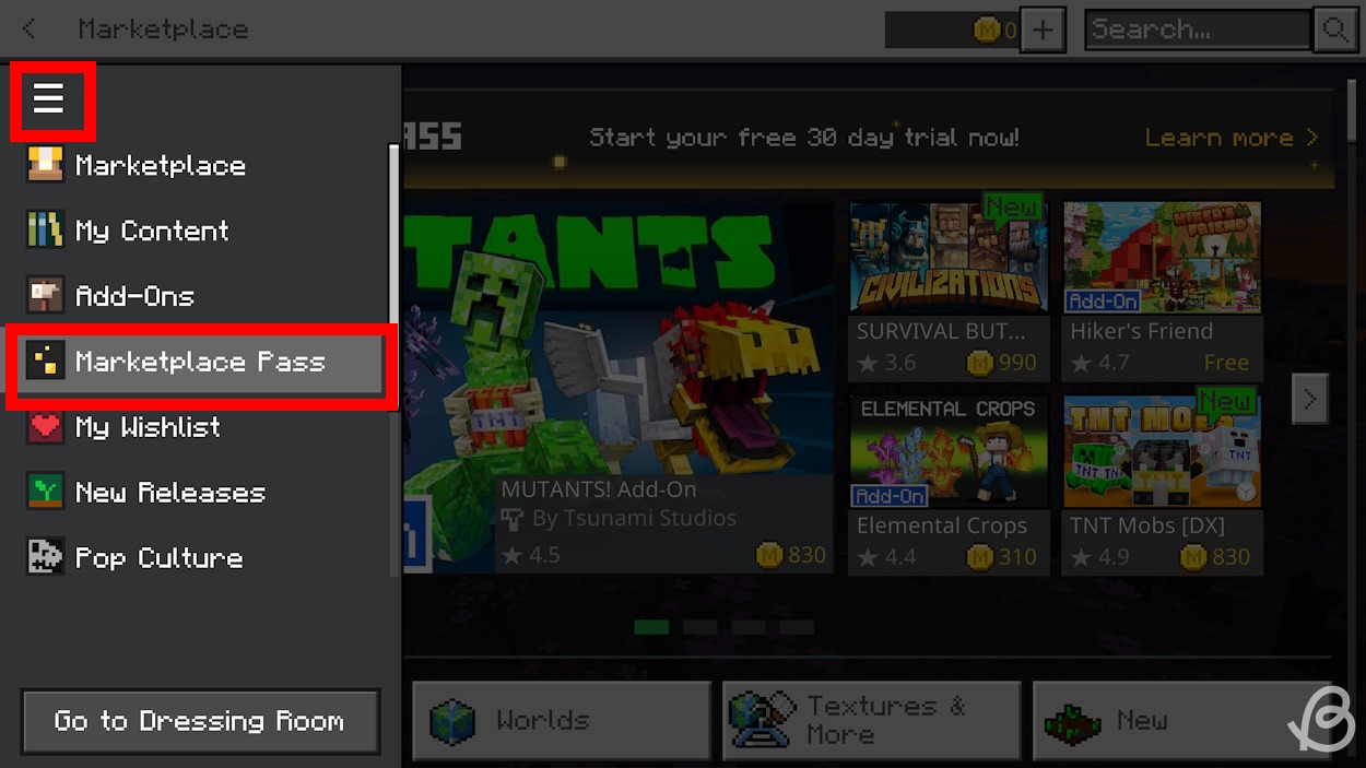 Side menu of the Marketplace where you should select Marketplace Pass