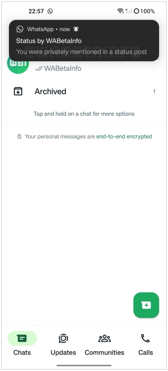 WhatsApp notification alerting that someone has mentioned the user in their status privately
