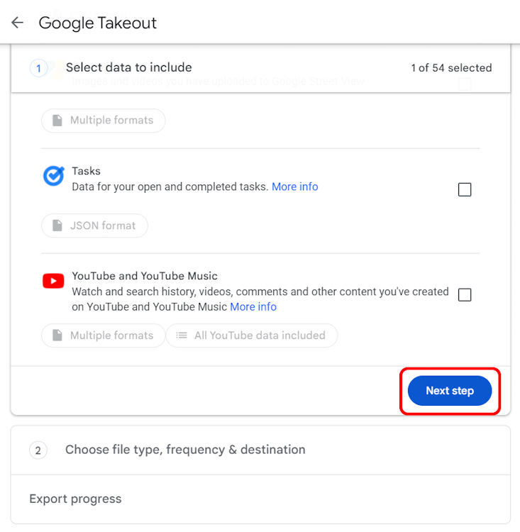 Moving from select data to include to choose file type, frequency and destination panel on Takeout