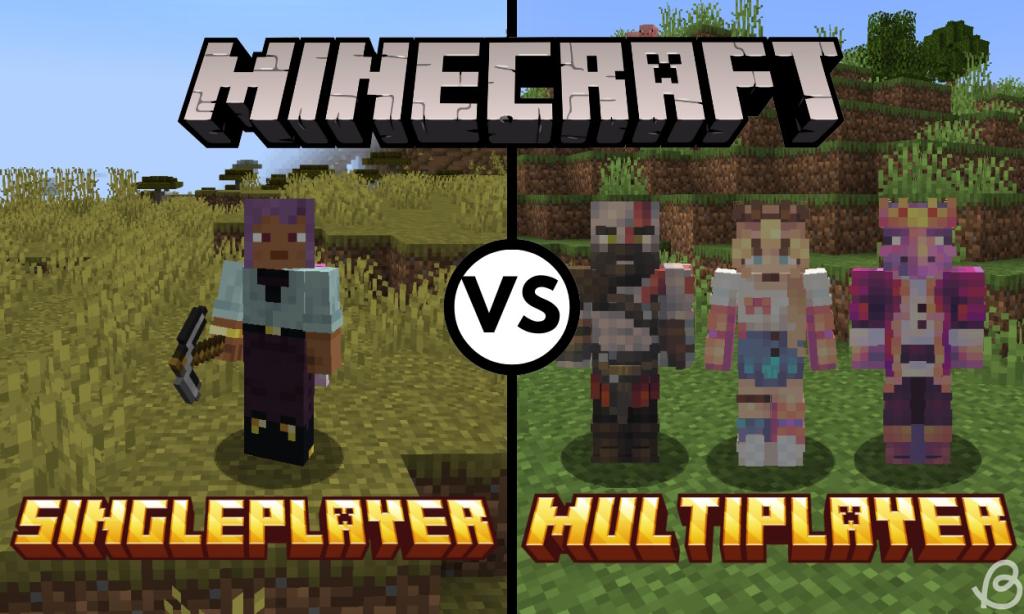 One player on the left representing singleplayer and three players on the right representing multiplayer in Minecraft