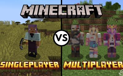 One player on the left representing singleplayer and three players on the right representing multiplayer in Minecraft
