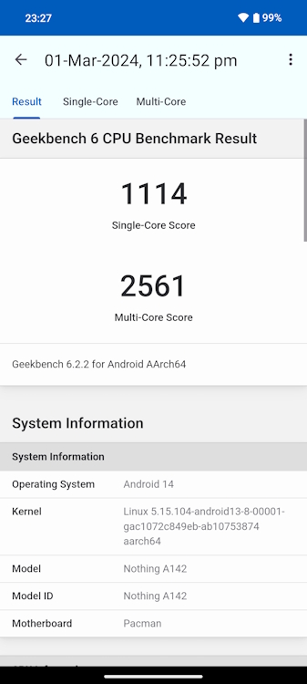 Nothing Phone 2a Geekbench test