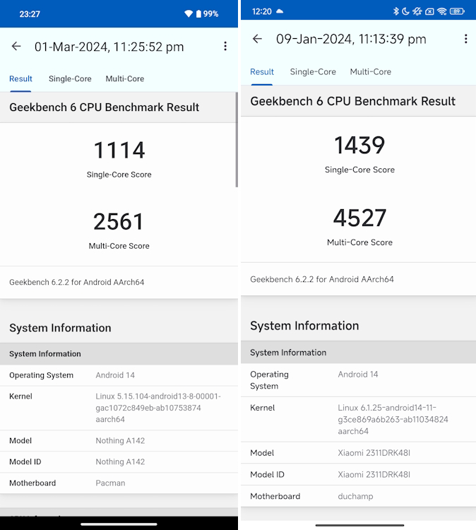 Nothing Phone 2a (L) vs POCO X6 Pro (R) Geekbench Results