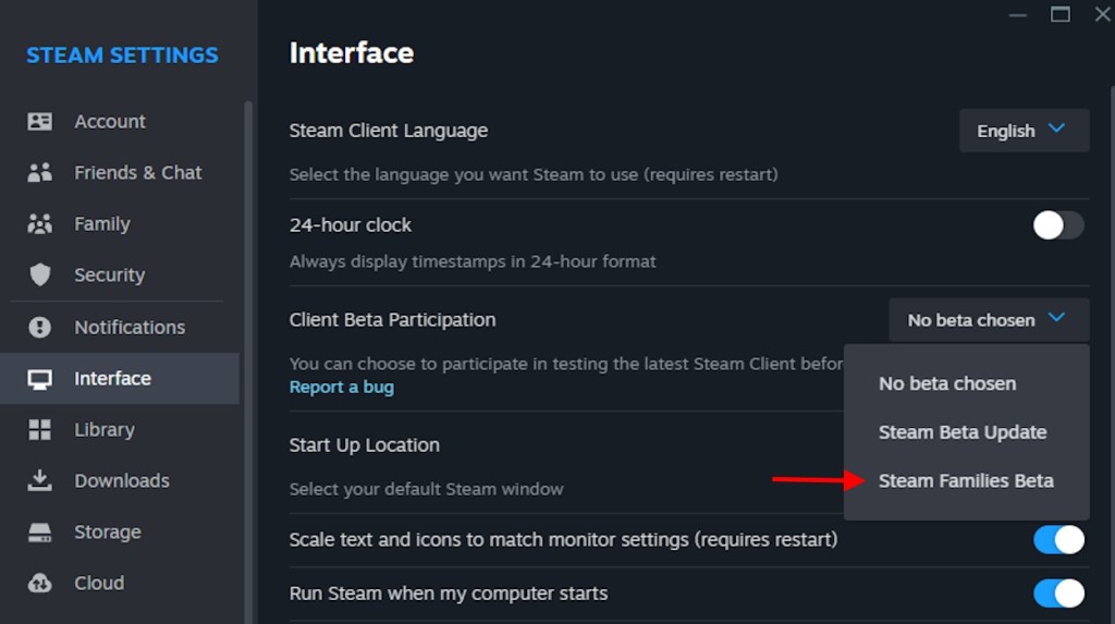 Opt for Steam Families Beta option