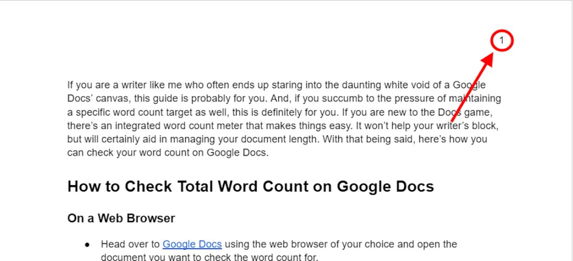 Page number being displayed at the header in Google Docs