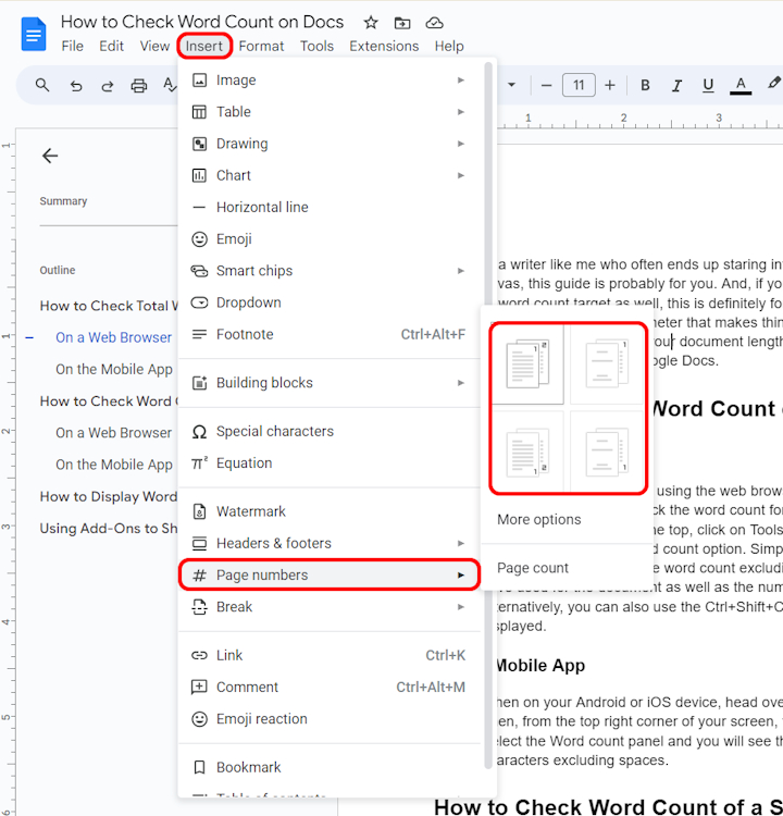 Page numbers panel on Google Docs via the web browser