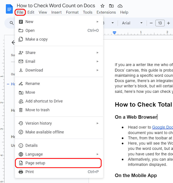 Page setup panel on Google Docs web version