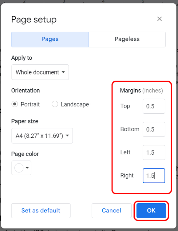 Page setup settings to change margin in Google Docs
