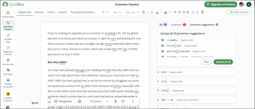 QuillBot paraphrasing and text editing online tool