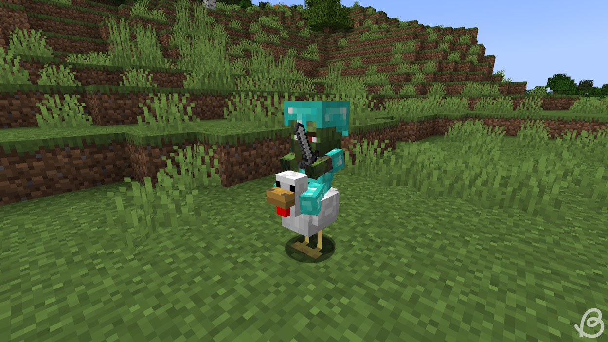 Baby zombie villager with full diamond armor and an iron sword riding a chicken