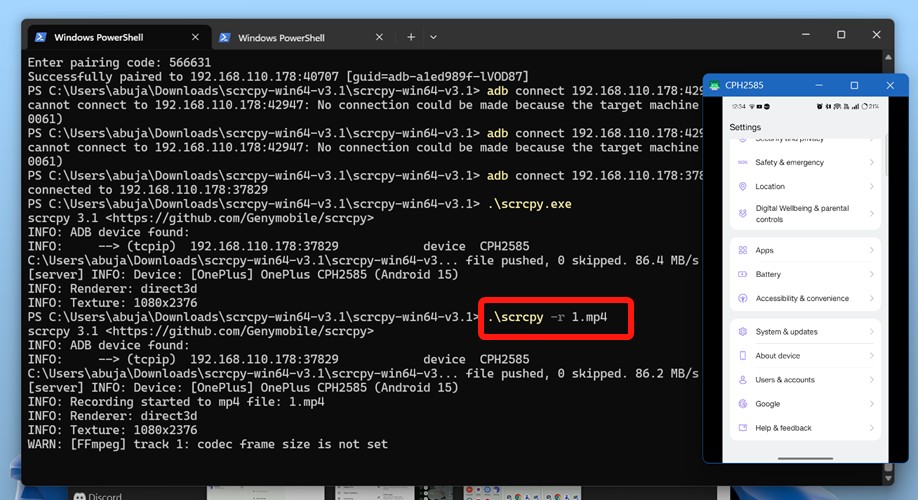 scrcpy terminal and phone window screen recording started