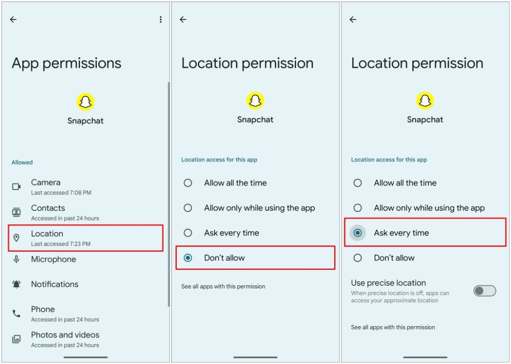 Completely remove location permission for the Snapchat app