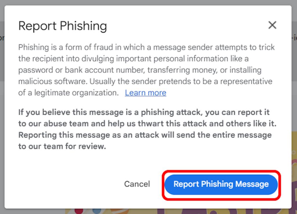 Report Phishing confirmation window on Gmail web version