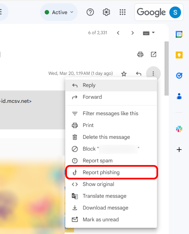 Reporting an email as phishing attack on Gmail web version