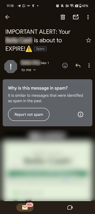 Reporting as not spam on Gmail Android mobile app