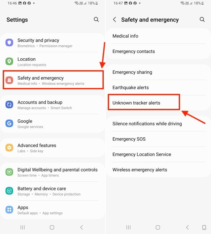 Safety and emergency section in Android Settings