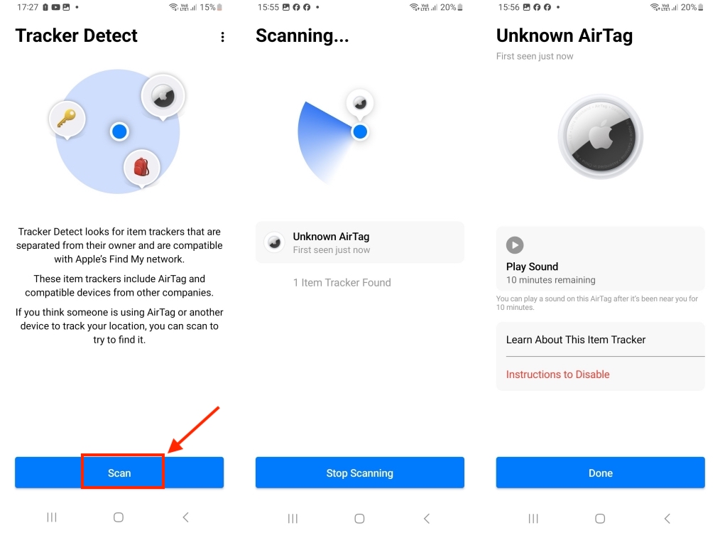 Scan AirTags on Android phone using Tracker Detect