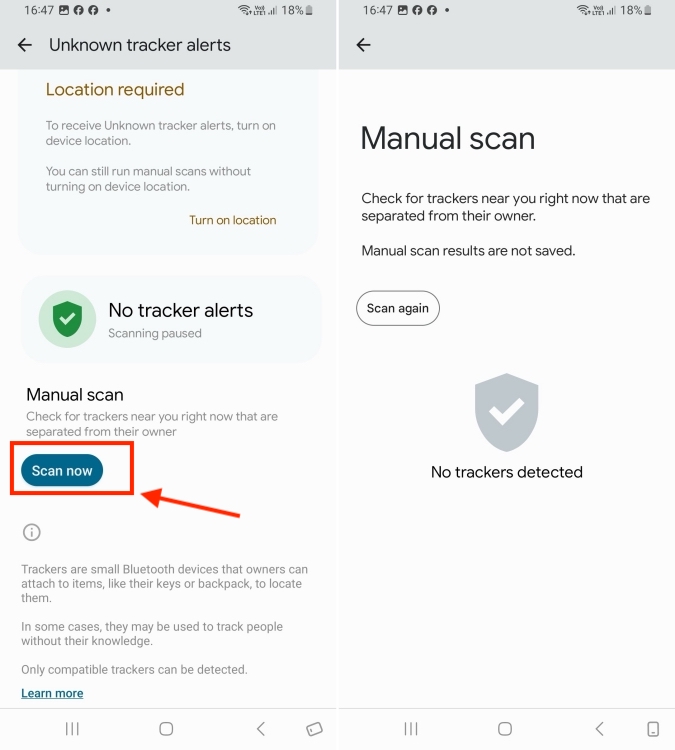 Scan for unknown trackers on Android phone