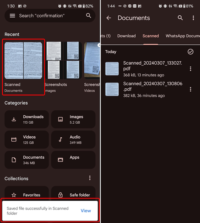 Scanned documents save location Files by Google for Android