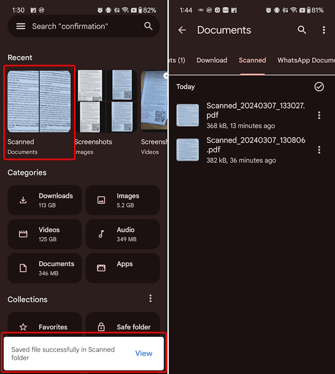 Emplacement d'enregistrement des documents numérisés Files by Google pour Android